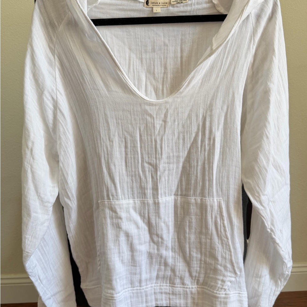 Lotus & Luna White Cotton Hooded Pullover Top Boho Beach Large